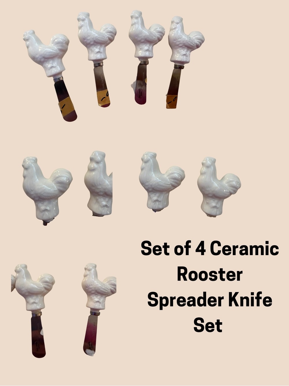 Set of 4 Ceramic Rooster Cheese & Butter Spreader Knives